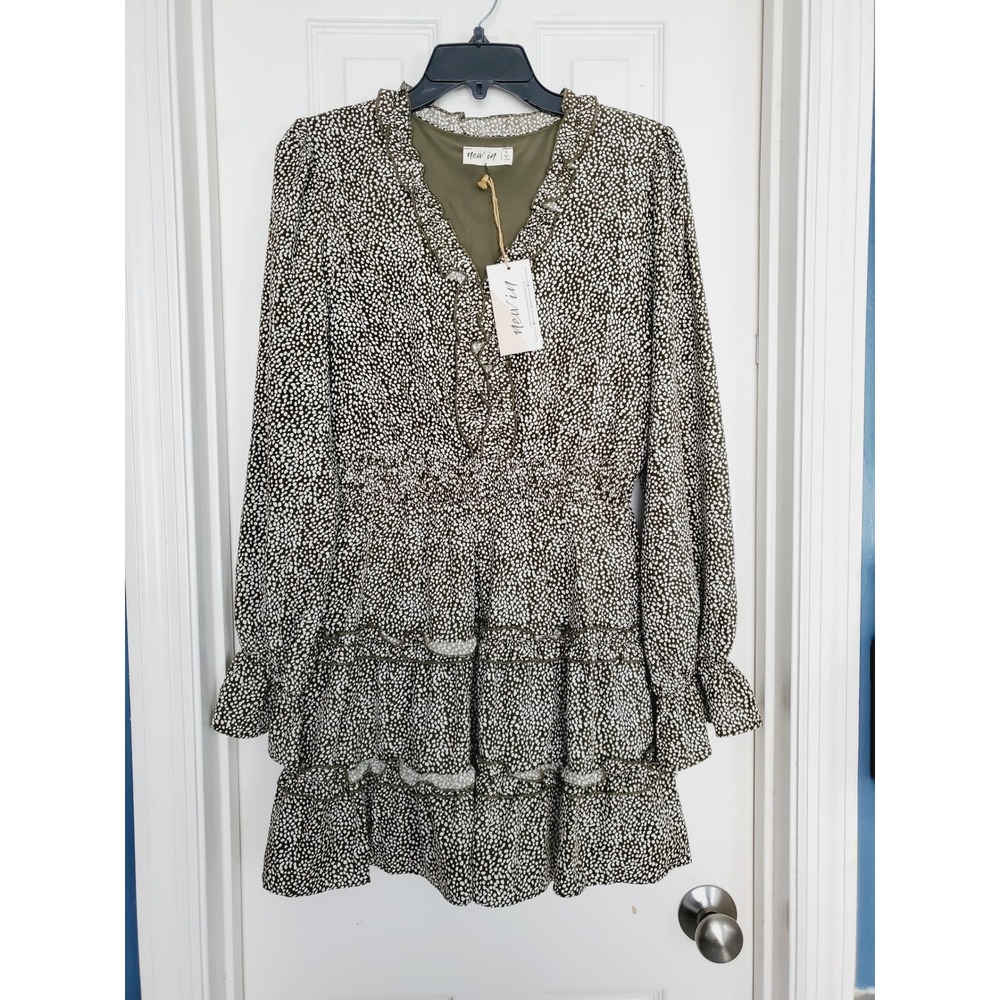 New In Mini Dress Polka Dot Fall Wedding Olive Green White Ruffle Tiered Small